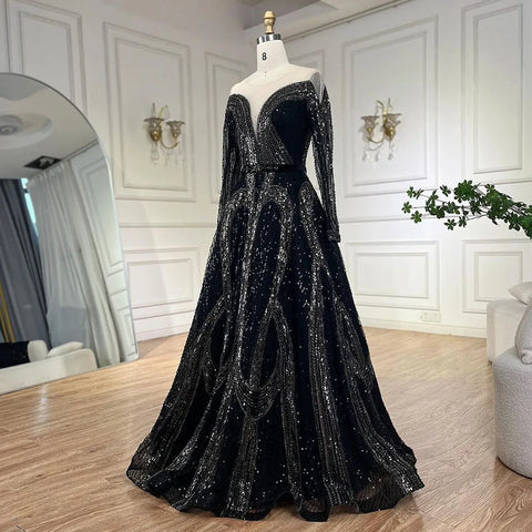 Vestidos de noche elegantes de estilo árabe, negros, corte A, brillantes, con cuentas, de lujo, estilo Dubái, para mujer, para bodas y fiestas 2025 LA72566 