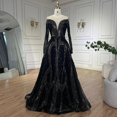 Vestidos de noche elegantes de estilo árabe, negros, corte A, brillantes, con cuentas, de lujo, estilo Dubái, para mujer, para bodas y fiestas 2025 LA72566 