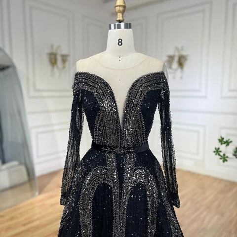 Vestidos de noche elegantes de estilo árabe, negros, corte A, brillantes, con cuentas, de lujo, estilo Dubái, para mujer, para bodas y fiestas 2025 LA72566 