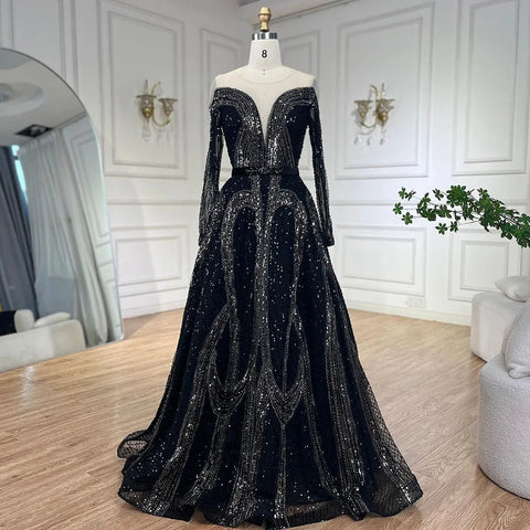 Vestidos de noche elegantes de estilo árabe, negros, corte A, brillantes, con cuentas, de lujo, estilo Dubái, para mujer, para bodas y fiestas 2025 LA72566 
