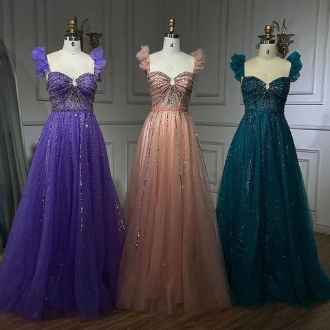 Vestido de noche árabe elegante color melocotón con cuentas, corte en A, escote barco, vestido de lujo para mujer, vestido largo de fiesta LA72324 