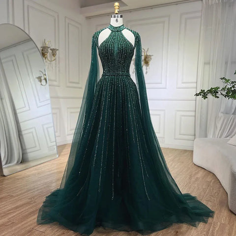 Vestidos de noche de lujo estilo Dubái, corte en A, manga capa, con cuentas, color fucsia árabe, para mujer, ideales para bodas y fiestas (2025) LA72306 