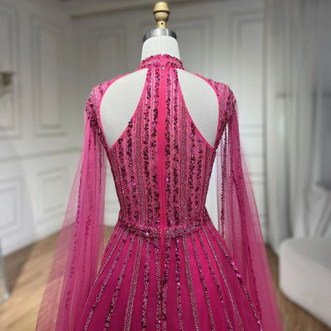 Vestidos de noche de lujo estilo Dubái, corte en A, manga capa, con cuentas, color fucsia árabe, para mujer, ideales para bodas y fiestas (2025) LA72306 
