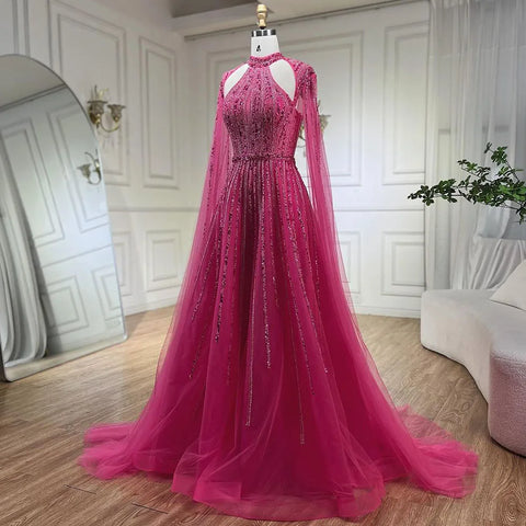 Vestidos de noche de lujo estilo Dubái, corte en A, manga capa, con cuentas, color fucsia árabe, para mujer, ideales para bodas y fiestas (2025) LA72306 