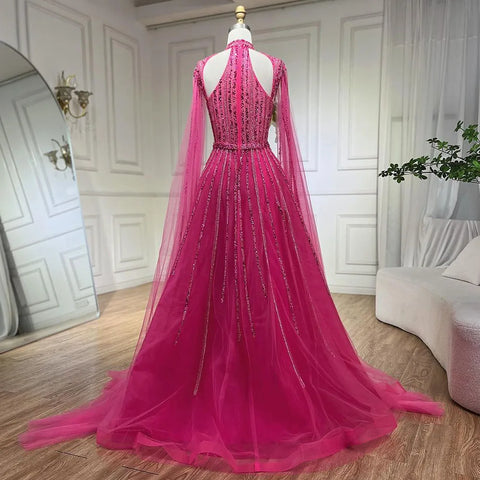 Vestidos de noche de lujo estilo Dubái, corte en A, manga capa, con cuentas, color fucsia árabe, para mujer, ideales para bodas y fiestas (2025) LA72306 