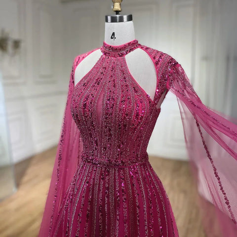 Vestidos de noche de lujo estilo Dubái, corte en A, manga capa, con cuentas, color fucsia árabe, para mujer, ideales para bodas y fiestas (2025) LA72306 