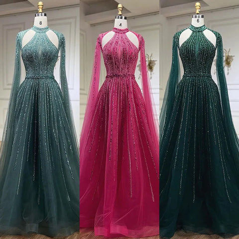 Vestidos de noche de lujo estilo Dubái, corte en A, manga capa, con cuentas, color fucsia árabe, para mujer, ideales para bodas y fiestas (2025) LA72306 