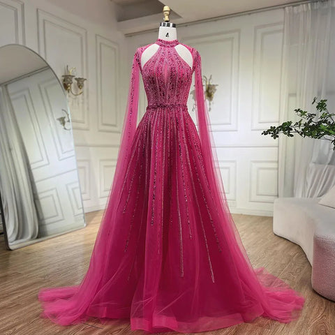 Vestidos de noche de lujo estilo Dubái, corte en A, manga capa, con cuentas, color fucsia árabe, para mujer, ideales para bodas y fiestas (2025) LA72306 