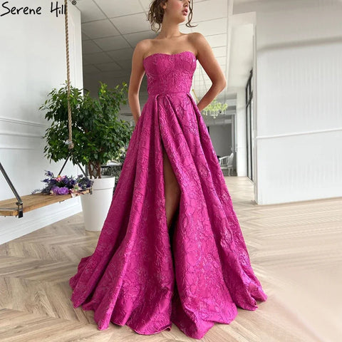 Vestidos de noche elegantes color fucsia árabe 2025. Vestido largo formal sin mangas de corte línea A de lujo de Dubái, diseño LA70699 