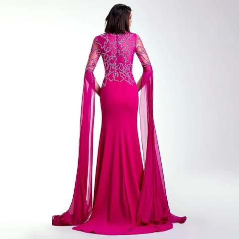 Vestido de noche de lujo estilo sirena, color fucsia árabe, con mangas tipo capa, adornado con cuentas y guantes, ideal para fiestas femeninas (2025) LA72509 