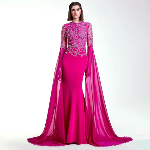 Vestido de noche de lujo estilo sirena, color fucsia árabe, con mangas tipo capa, adornado con cuentas y guantes, ideal para fiestas femeninas (2025) LA72509 