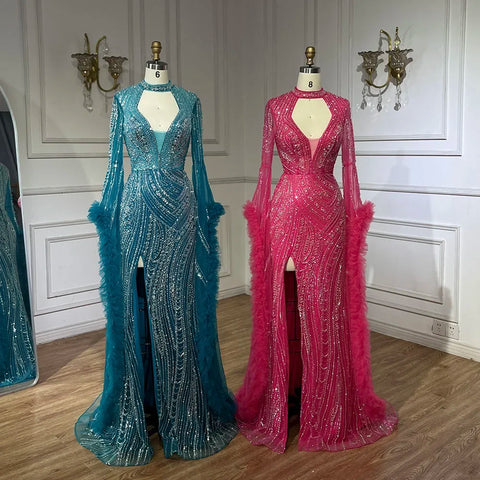 Robe sirène fuchsia arabe à manches cloche et plumes perlées | Robes de soirée pour femme - Mariage LA72597 