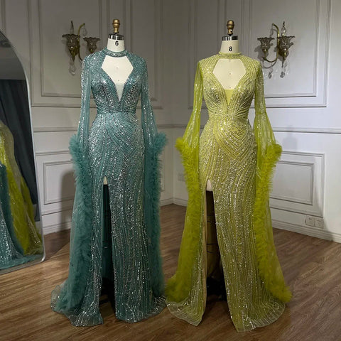 Robe sirène fuchsia arabe à manches cloche et plumes perlées | Robes de soirée pour femme - Mariage LA72597 