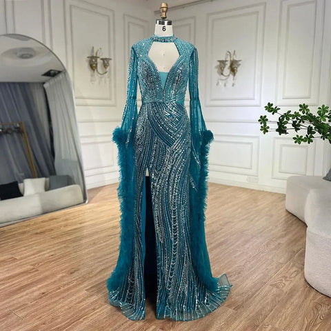 Robe sirène fuchsia arabe à manches cloche et plumes perlées | Robes de soirée pour femme - Mariage LA72597 