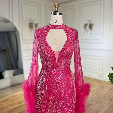 Robe sirène fuchsia arabe à manches cloche et plumes perlées | Robes de soirée pour femme - Mariage LA72597 