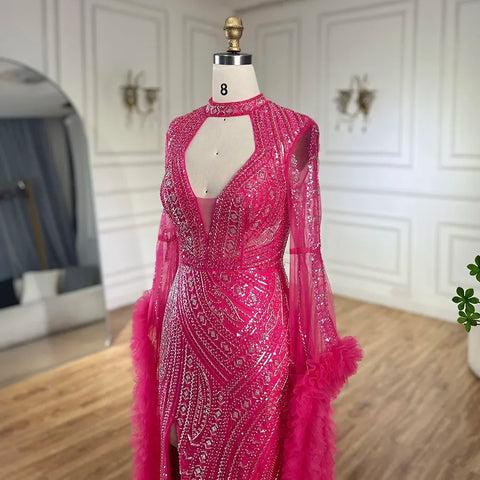 Robe sirène fuchsia arabe à manches cloche et plumes perlées | Robes de soirée pour femme - Mariage LA72597 