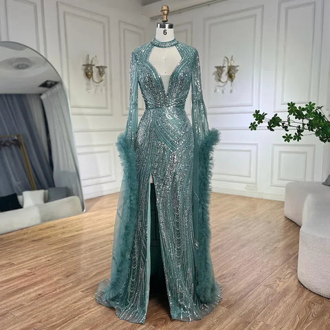 Robe sirène fuchsia arabe à manches cloche et plumes perlées | Robes de soirée pour femme - Mariage LA72597 