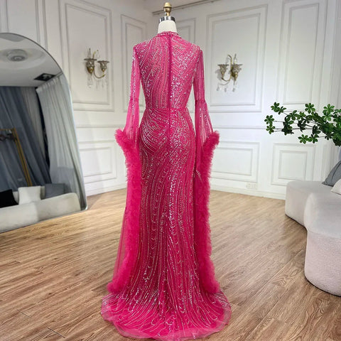 Robe sirène fuchsia arabe à manches cloche et plumes perlées | Robes de soirée pour femme - Mariage LA72597 