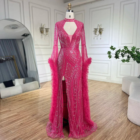 Robe sirène fuchsia arabe à manches cloche et plumes perlées | Robes de soirée pour femme - Mariage LA72597 