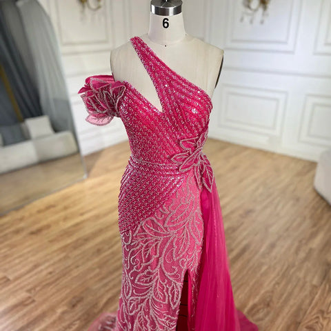 Robe de soirée sirène fuchsia asymétrique en tulle et perles pour femme | Mariage 2025 LA72599 