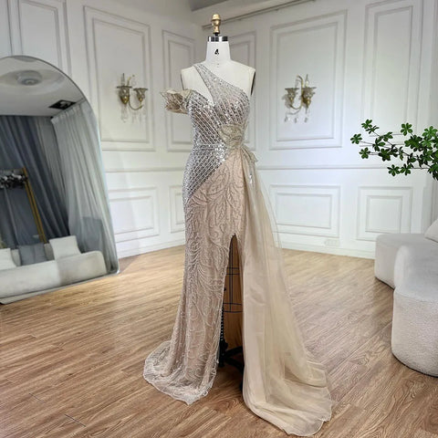 Robe de soirée sirène fuchsia asymétrique en tulle et perles pour femme | Mariage 2025 LA72599 