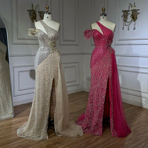 Robe de soirée sirène fuchsia asymétrique en tulle et perles pour femme | Mariage 2025 LA72599 