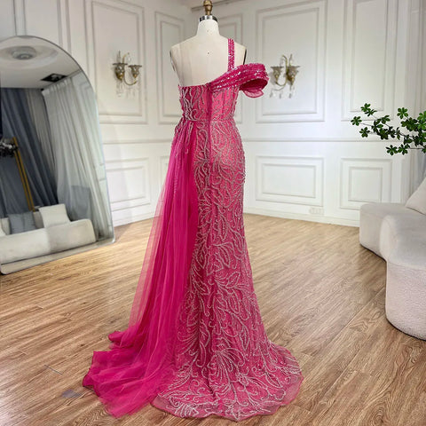 Robe de soirée sirène fuchsia asymétrique en tulle et perles pour femme | Mariage 2025 LA72599 
