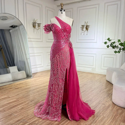 Robe de soirée sirène fuchsia asymétrique en tulle et perles pour femme | Mariage 2025 LA72599 
