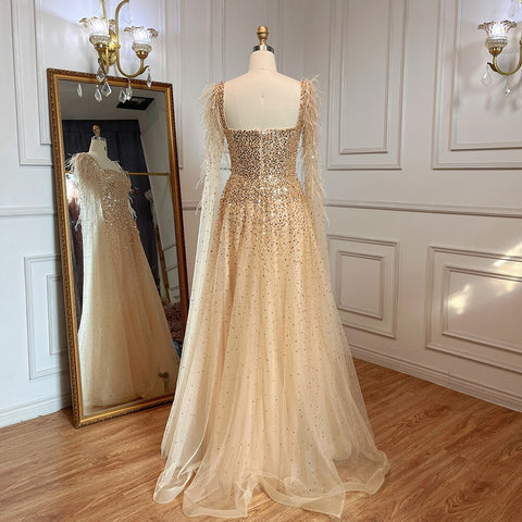 Vestidos de noche de lujo para mujer, estilo árabe, dorado, corte en A, con plumas, mangas tipo capa y cuentas, para fiestas, colección 2025 LA71782 