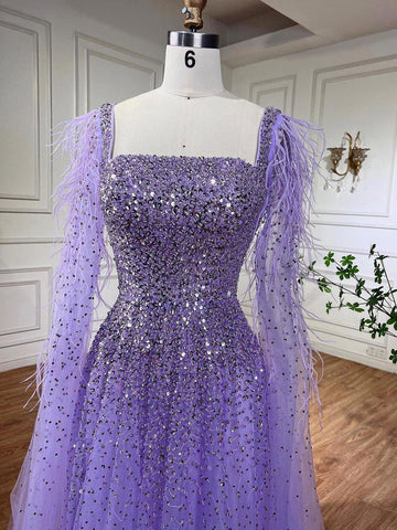 Vestidos de noche de lujo para mujer, estilo árabe, dorado, corte en A, con plumas, mangas tipo capa y cuentas, para fiestas, colección 2025 LA71782 