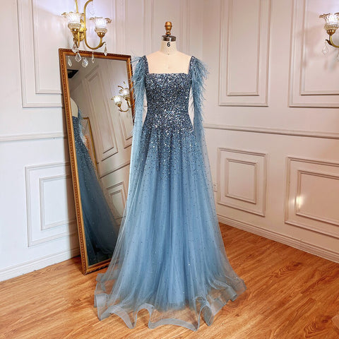 Vestidos de noche de lujo para mujer, estilo árabe, dorado, corte en A, con plumas, mangas tipo capa y cuentas, para fiestas, colección 2025 LA71782 