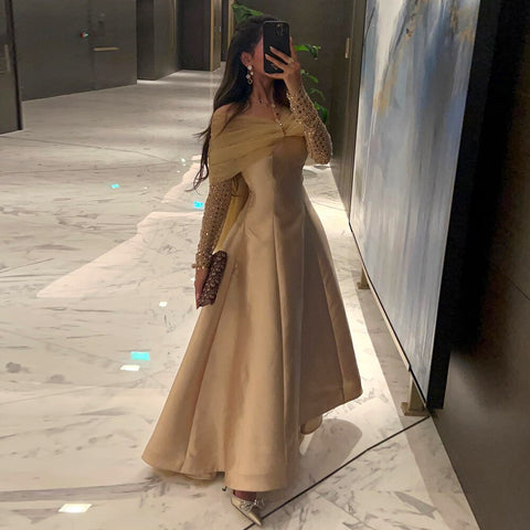Arabic Gold Satin A-Line Beaded Crystal Luxury Dubai Evening Dresses Gowns 2025 For Women Wedding Party LA71954