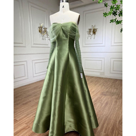 Arabic Gold Satin A-Line Beaded Crystal Luxury Dubai Evening Dresses Gowns 2025 For Women Wedding Party LA71954