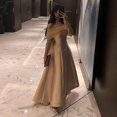 Arabic Gold Satin A-Line Beaded Crystal Luxury Dubai Evening Dresses Gowns 2025 For Women Wedding Party LA71954