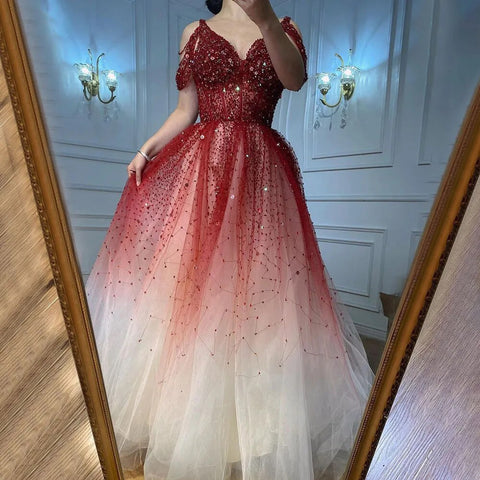 Robe de soirée rouge à changement progressif, style arabe, luxueuse, perlée, coupe trapèze, sexy, pour femme, tenue de mariage, LA70983, 2025 