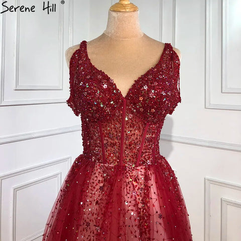Robe de soirée rouge à changement progressif, style arabe, luxueuse, perlée, coupe trapèze, sexy, pour femme, tenue de mariage, LA70983, 2025 