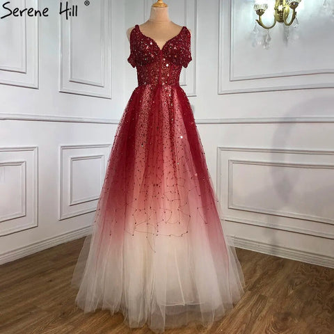 Robe de soirée rouge à changement progressif, style arabe, luxueuse, perlée, coupe trapèze, sexy, pour femme, tenue de mariage, LA70983, 2025 