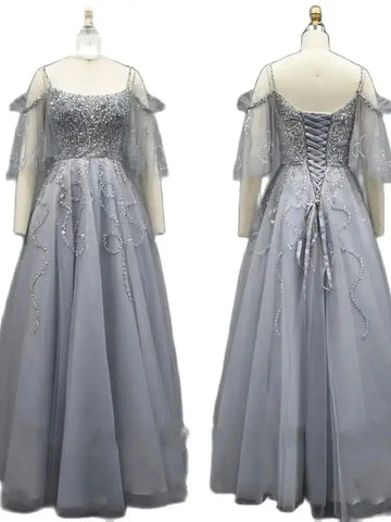 Arabic Gray A Line Luxury Dubai Evening Dresses Gowns 2025 Beaded Lace Up For Women Wedding Party LA72256