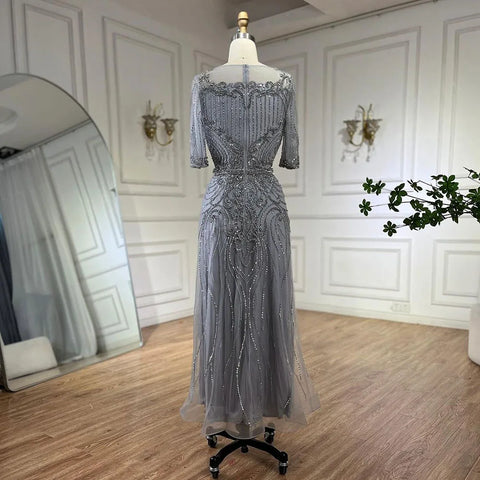 Arabic Gray Elegant Tea Length Mermaid Beaded Luxury Evening Dresses Gowns for Women Wedding Party 2025 LA72559