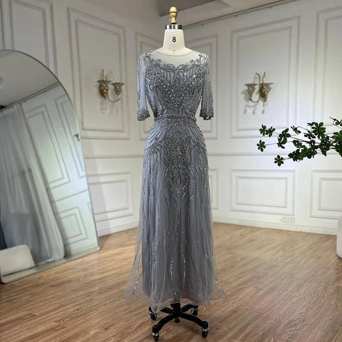 Arabic Gray Elegant Tea Length Mermaid Beaded Luxury Evening Dresses Gowns for Women Wedding Party 2025 LA72559