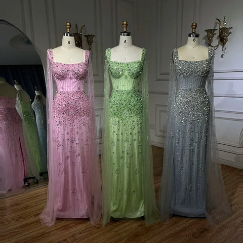Vestido largo de noche elegante de lujo estilo sirena, color gris árabe, con cuentas, mangas tipo capa, ideal para fiestas 2025 LA72592 
