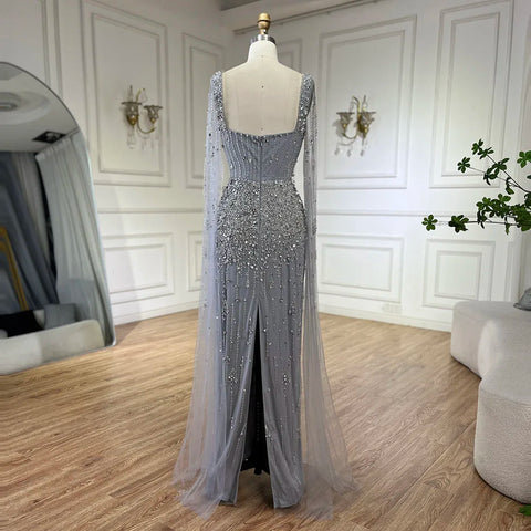 Vestido largo de noche elegante de lujo estilo sirena, color gris árabe, con cuentas, mangas tipo capa, ideal para fiestas 2025 LA72592 