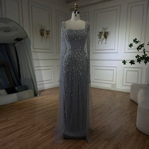 Vestido largo de noche elegante de lujo estilo sirena, color gris árabe, con cuentas, mangas tipo capa, ideal para fiestas 2025 LA72592 