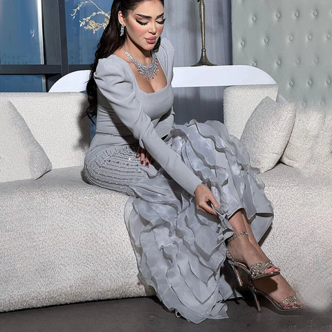 Arabic Gray Mermaid Elegant Ankle Length Beaded Satin Luxury Evening Dresses Gowns For Women Party 2025 LA72317