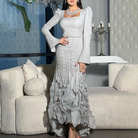 Arabic Gray Mermaid Elegant Ankle Length Beaded Satin Luxury Evening Dresses Gowns For Women Party 2025 LA72317