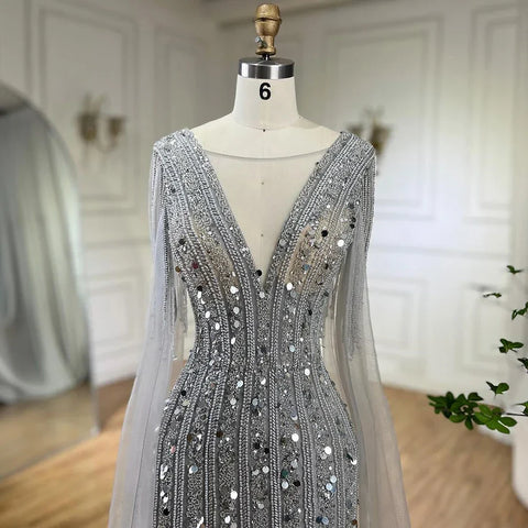 Arabic Gray Mermaid Elegant Cape Sleeves Luxury Beaded Evening Dresses Gowns For Women Wedding Party 2025 LA72289