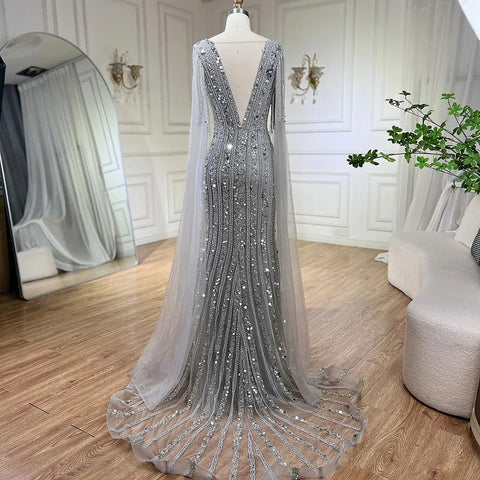 Arabic Gray Mermaid Elegant Cape Sleeves Luxury Beaded Evening Dresses Gowns For Women Wedding Party 2025 LA72289