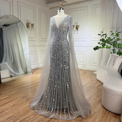 Arabic Gray Mermaid Elegant Cape Sleeves Luxury Beaded Evening Dresses Gowns For Women Wedding Party 2025 LA72289