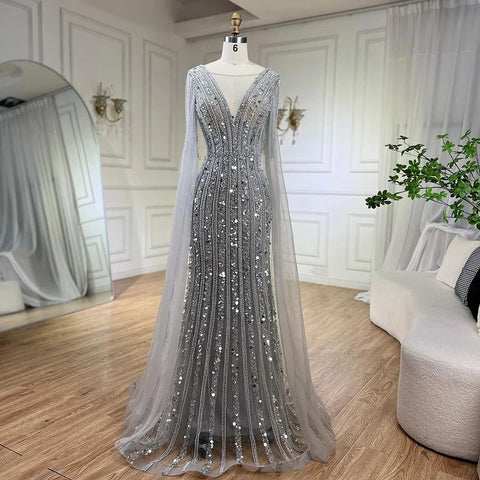 Arabic Gray Mermaid Elegant Cape Sleeves Luxury Beaded Evening Dresses Gowns For Women Wedding Party 2025 LA72289