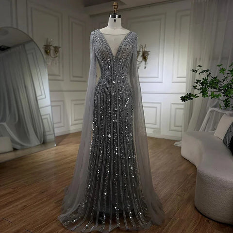 Arabic Gray Mermaid Elegant Cape Sleeves Luxury Beaded Evening Dresses Gowns For Women Wedding Party 2025 LA72289
